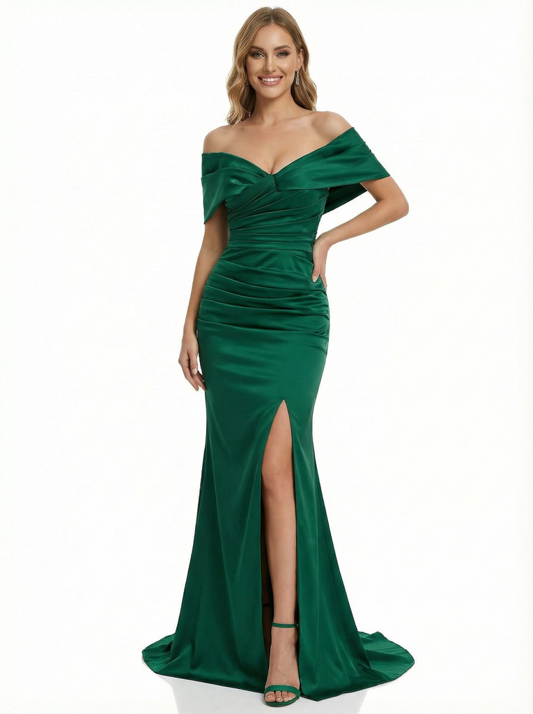 Sexy Off the Shoulder Floor Length Ruched Mermaid Prom Gown Slit
