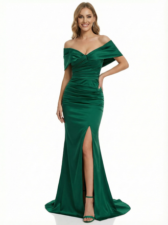 Sexy Off the Shoulder Floor Length Ruched Mermaid Prom Gown Slit