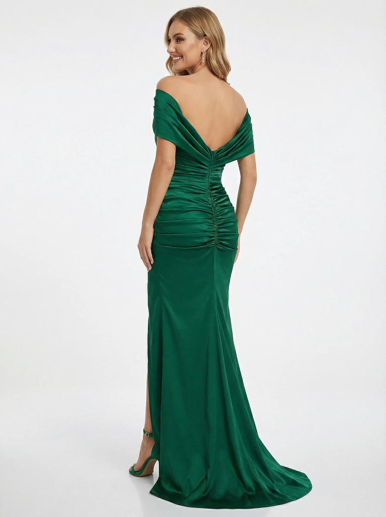 Sexy Off the Shoulder Floor Length Ruched Mermaid Prom Gown Slit