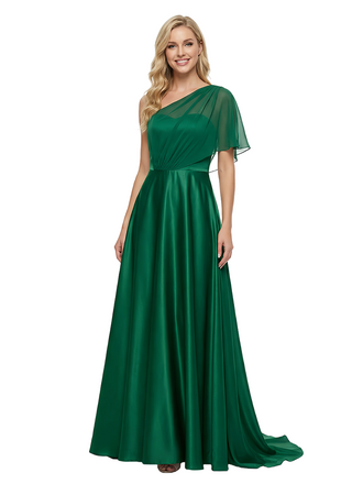 ChicSew Modern One Shoulder Chiffon Overlay A-Line Satin Evening Prom Gowns