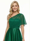 Modern One Shoulder Chiffon Overlay A-Line Satin Evening Prom Gowns