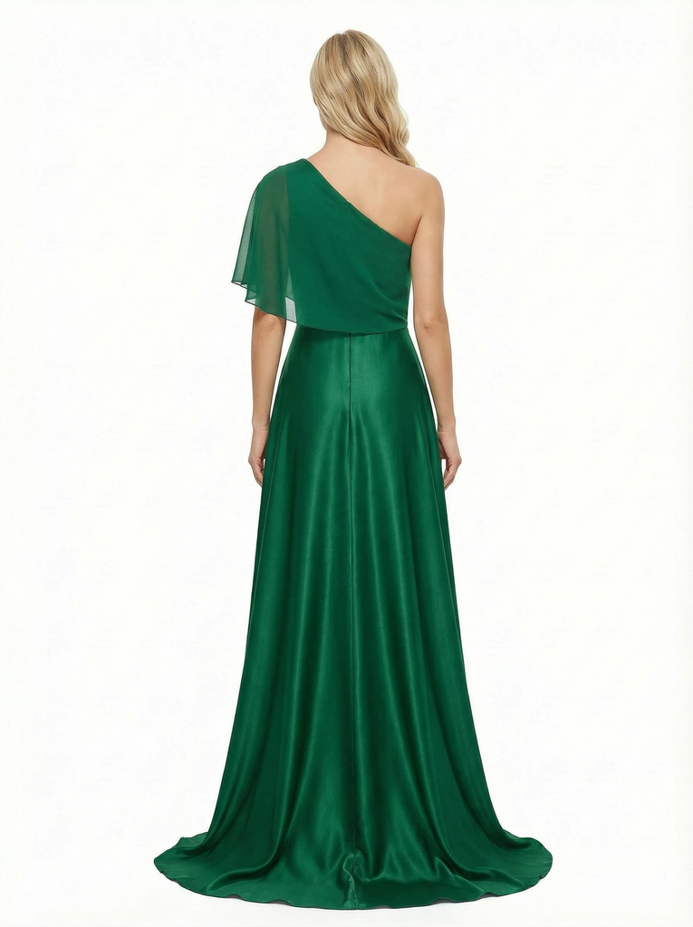 Modern One Shoulder Chiffon Overlay A-Line Satin Evening Prom Gowns