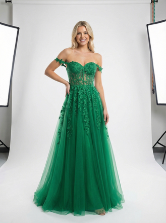 Dreamy Off the Shoulder Lace Tulle A-line Cut Out Corset Prom Dresses