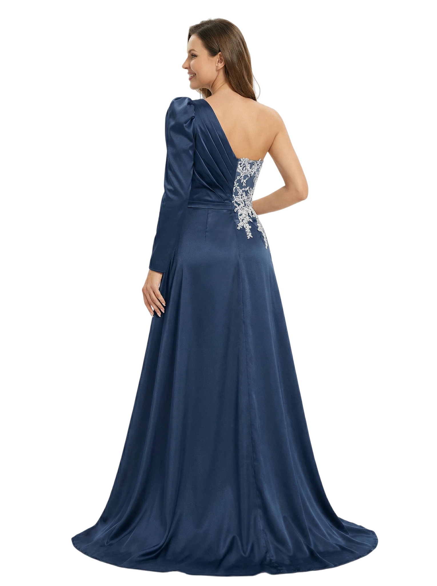 One Shoulder Side Slit Lace Satin Mother of The Groom Dress Long Sleeve Maxi Gown