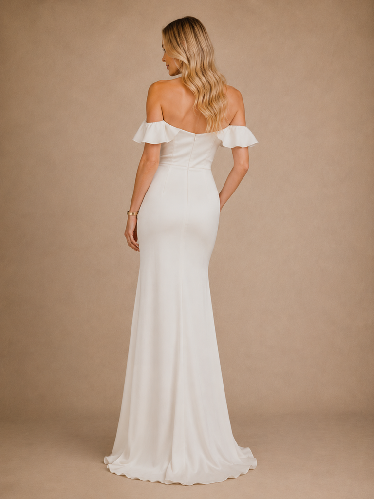 ChicSew Elegant Ruffled Off The Shoulder Satin Mermaid Floor-Length Wedding Dress