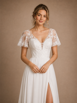 ChicSew Fancy V-Neck Short Sleeves Lace Chiffon A-Line Maxi Wedding Dress