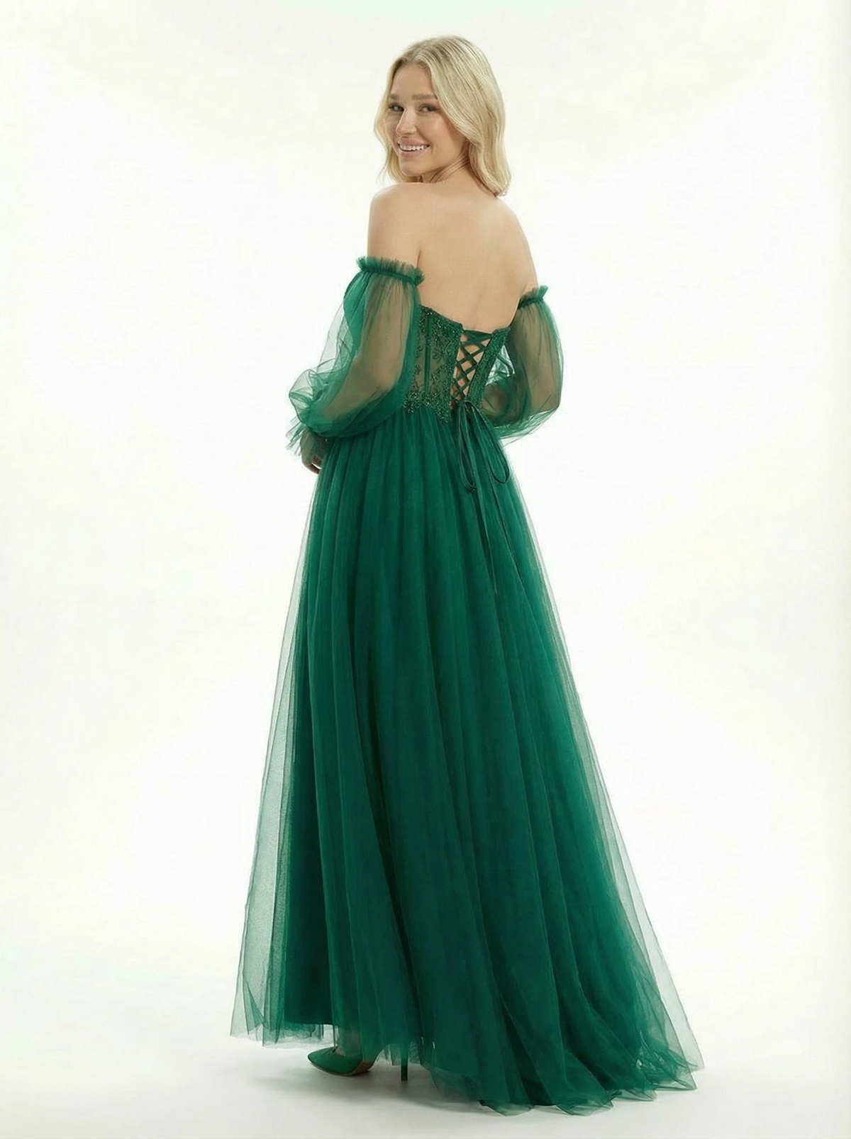 Elegant Lace Up Back Tulle A-line Corset Prom Gowns with Sheer Sleeves