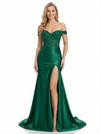 Stunning Satin Off the Shoulder Lace Corset Prom Dresses with Slit