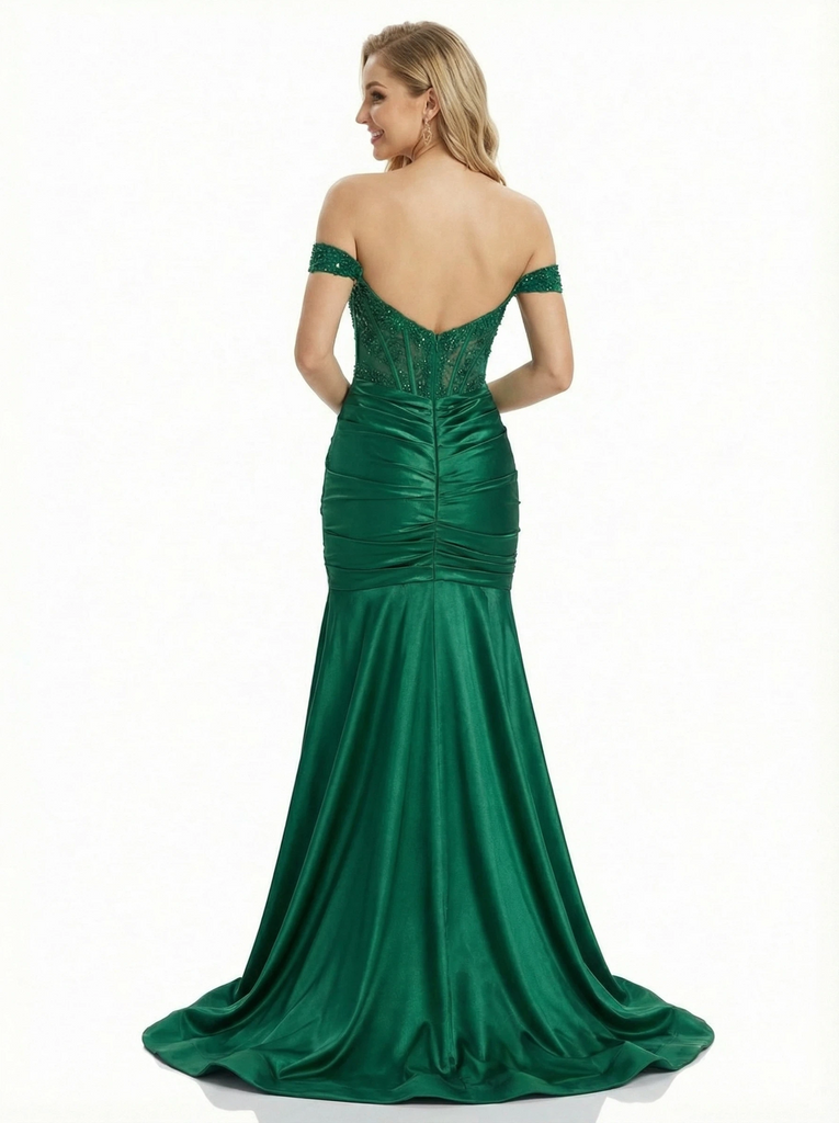 Stunning Satin Off the Shoulder Lace Corset Prom Dresses with Slit