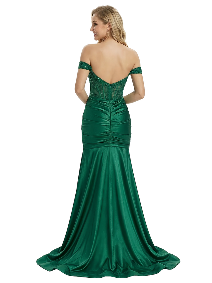 ChicSew Stunning Satin Off the Shoulder Lace Corset Prom Dresses with Slit