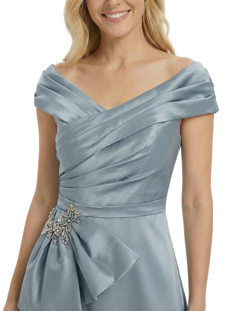 Elegant Cap Sleeves Ruffles A-Line Floor-Length Pleat Satin Mother of the Groom Evening Dress