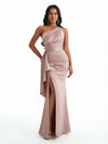 Women Sexy One Shoulder Mermaid Ruffles Soft Satin Long Formal Dresses Side Slit