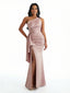 Women Sexy One Shoulder Mermaid Ruffles Soft Satin Long Formal Dresses Side Slit