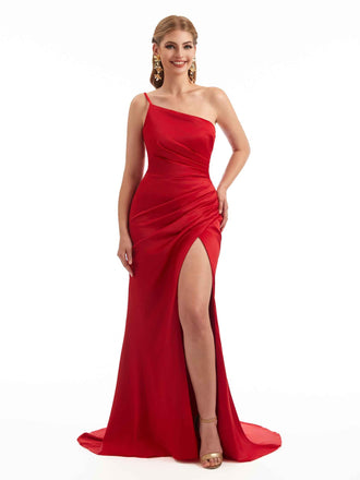 Sexy Side Slit One Shoulder Spaghetti Straps Mermaid Soft Satin Unique Long Bridesmaid Dress For Wedding