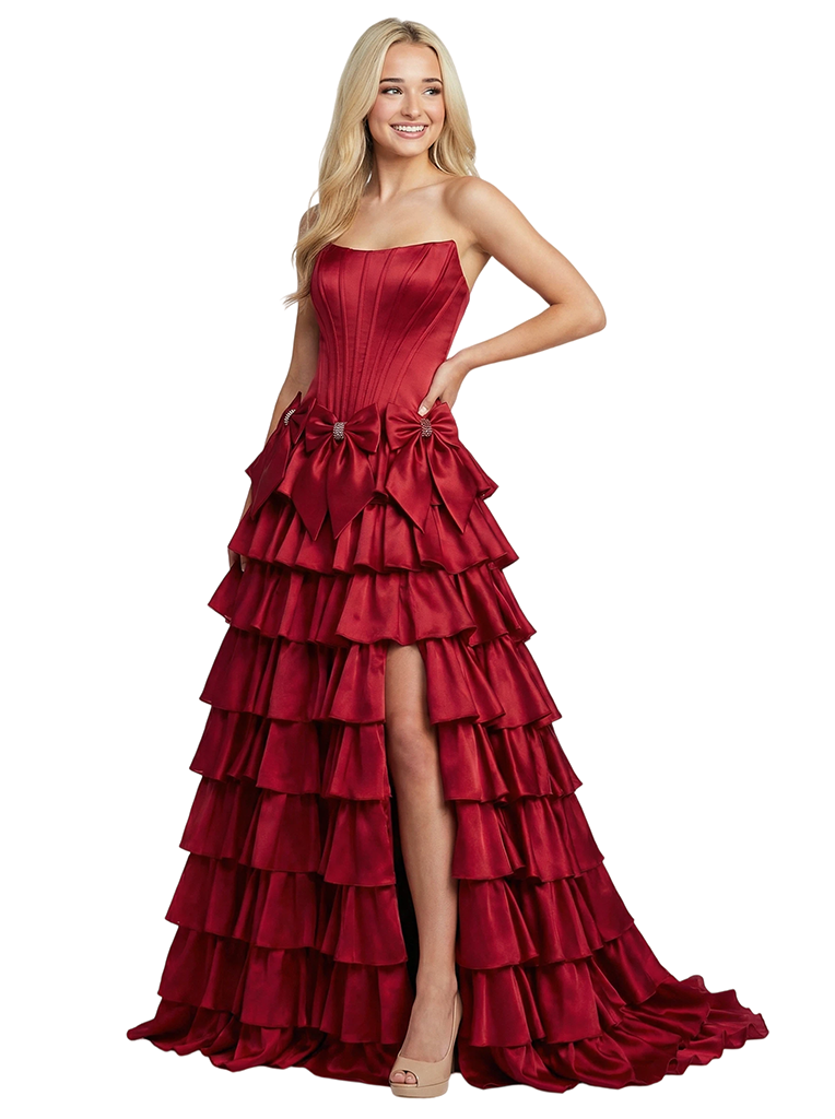 Unique Tiered Ruffle A-Line Satin Bow Knot Strapless Boning Prom Dress