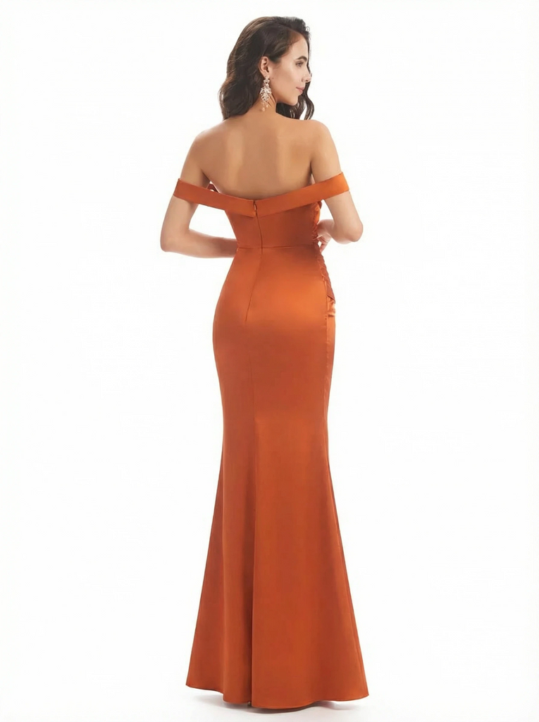 Off The Shoulder Ruched Satin Mermaid Long Evening Gown Dresses For Women Side Slit