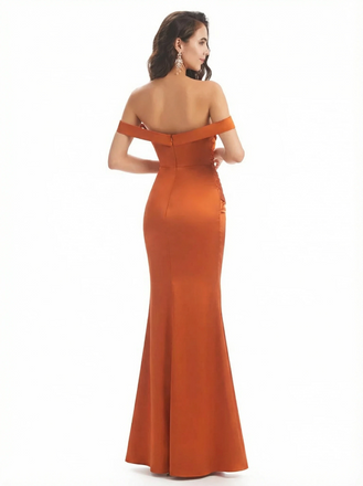 Off The Shoulder Ruched Satin Mermaid Long Evening Gown Dresses For Women Side Slit
