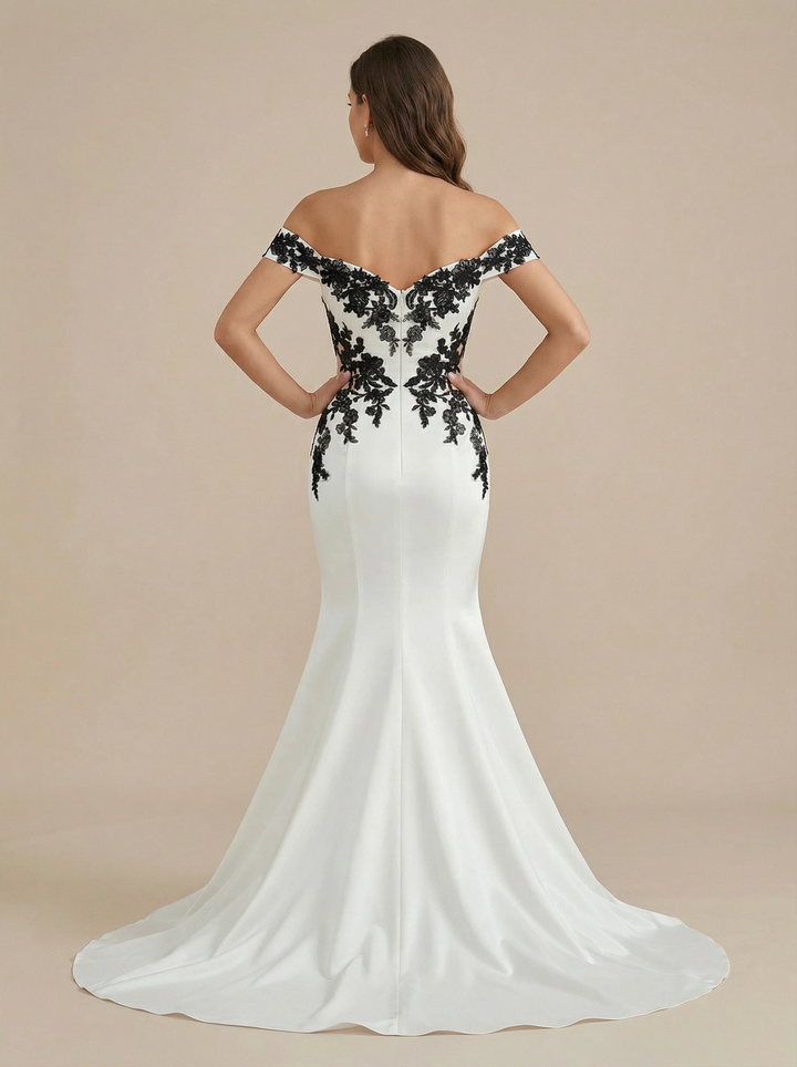 Mermaid Off Shoulder Sweetheart Maxi Long Satin Black And White Wedding Dresses