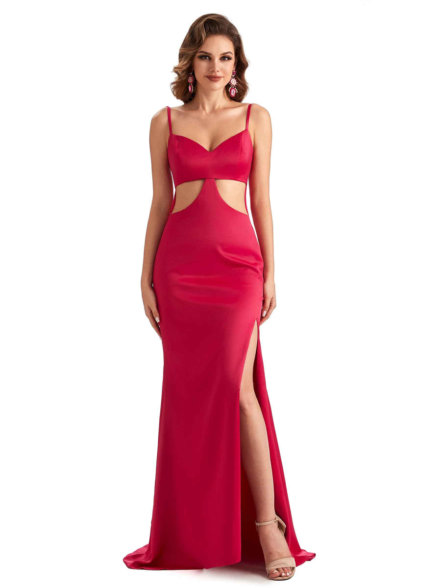 Sexy Side Slit Spaghetti Straps Mermaid Silky Satin Dress For Wedding
