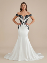 Mermaid Off Shoulder Sweetheart Maxi Long Satin Black And White Wedding Dresses