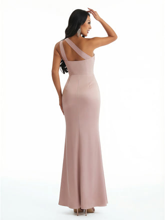 Women Sexy One Shoulder Mermaid Ruffles Soft Satin Long Formal Dresses Side Slit