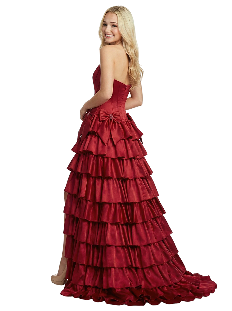 Unique Tiered Ruffle A-Line Satin Bow Knot Strapless Boning Prom Dress