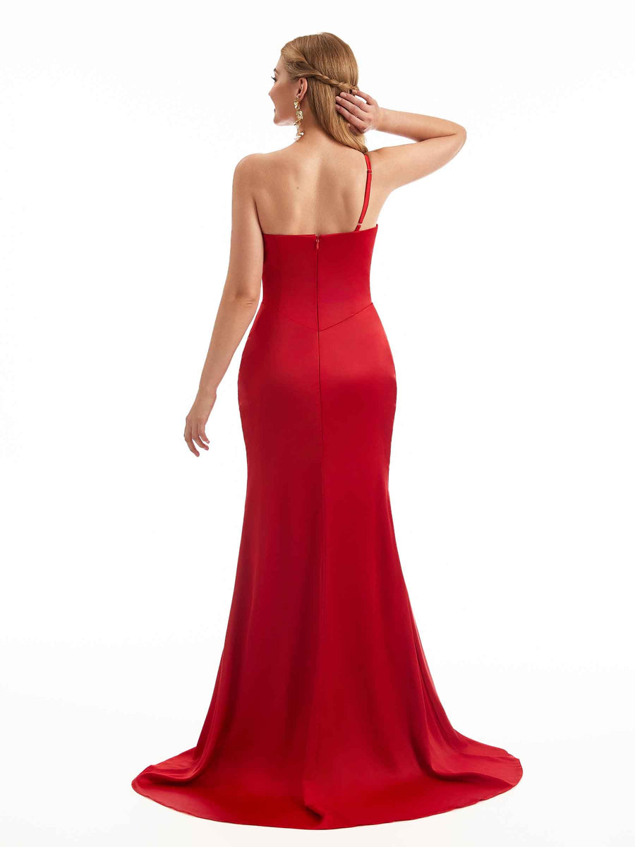 Simple Boho One-Strap Satin Side Split Bridesmaid Dresses