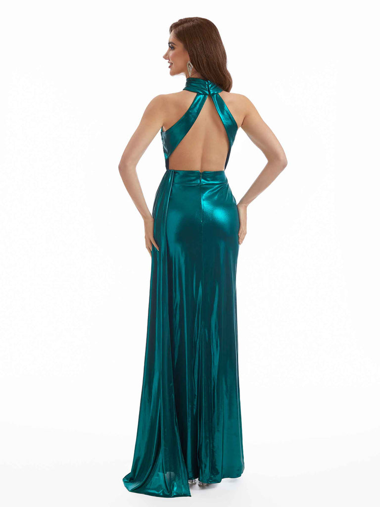 Sexy Mermaid High Neck Side Slit Metallic Stretch Shiny Fabric Long Bridesmaid Dresses Online