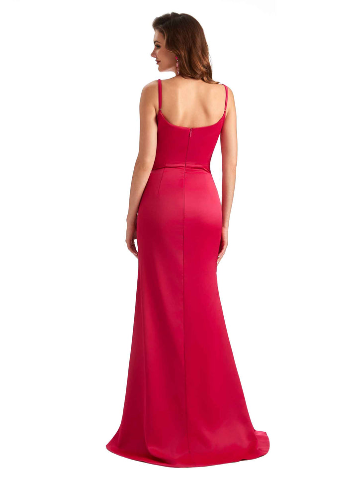 Sexy Side Slit Spaghetti Straps Mermaid Silky Satin Dress For Wedding