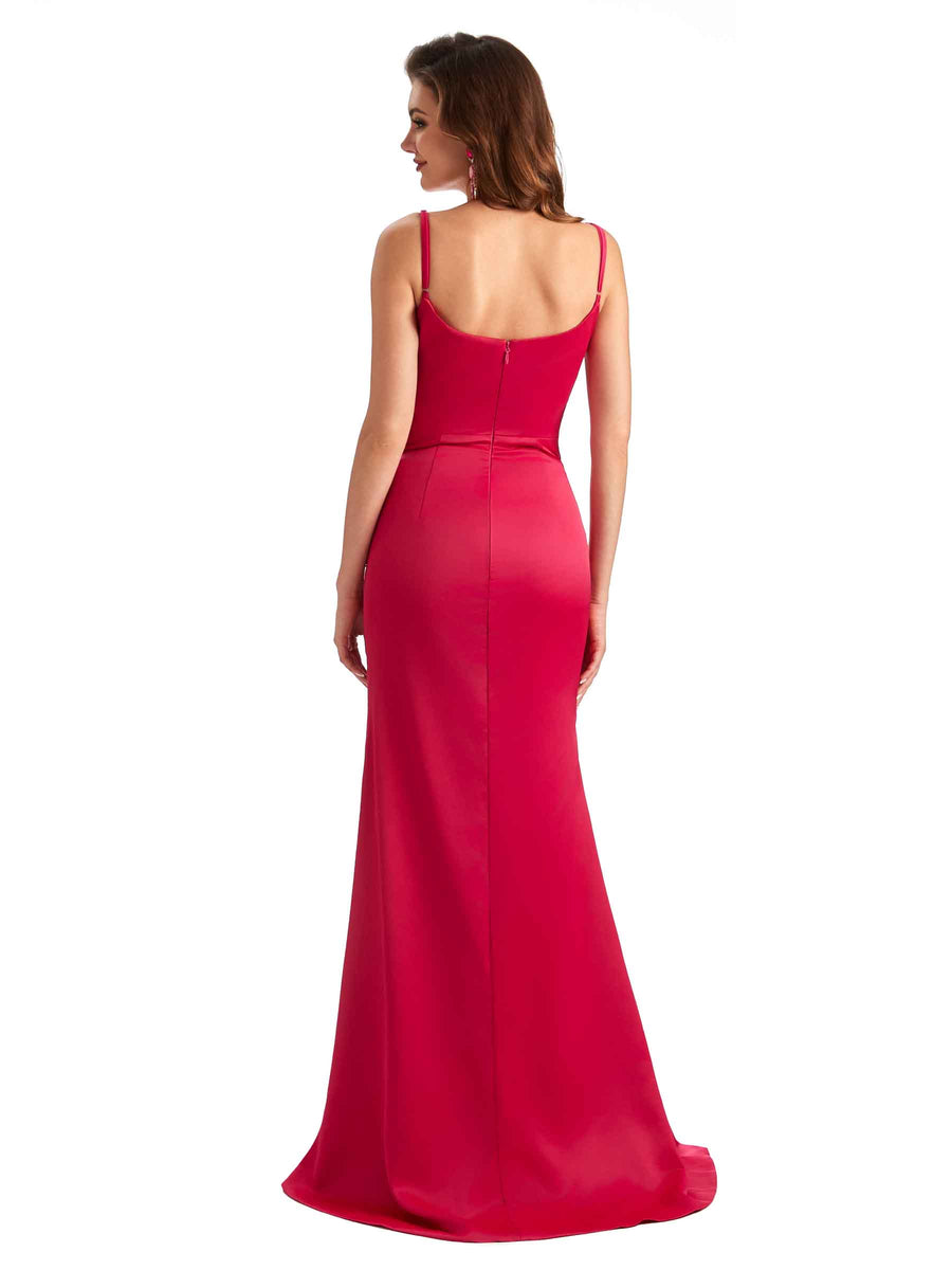 Sexy Side Slit Spaghetti Straps Mermaid Silky Satin Dress For Wedding