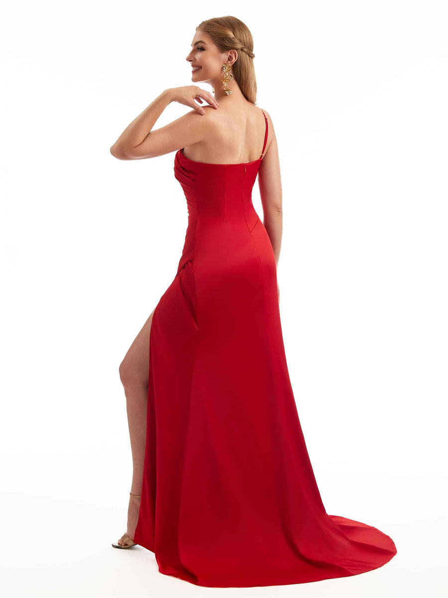 Simple Boho One-Strap Satin Side Split Bridesmaid Dresses