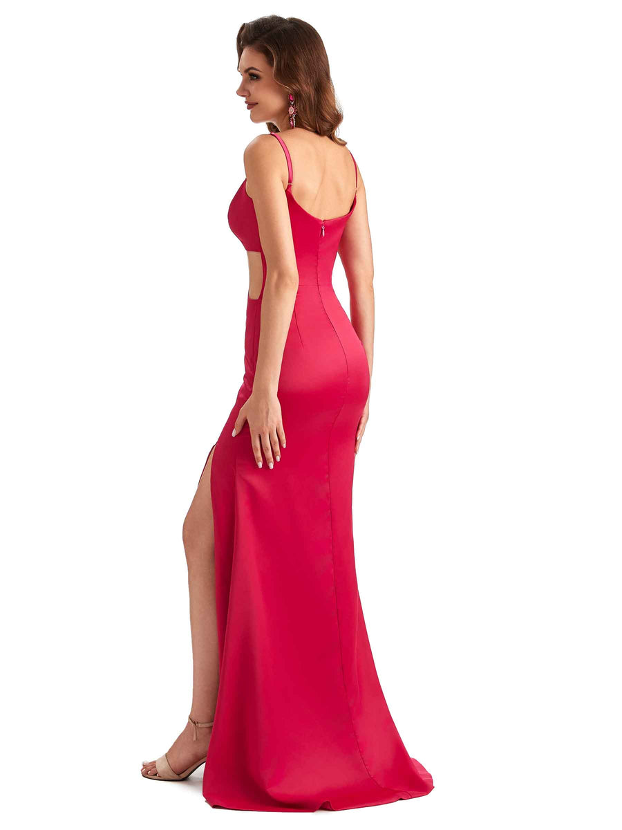 Sexy Side Slit Spaghetti Straps Mermaid Silky Satin Dress For Wedding