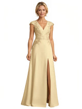 Elegant Side Slit A-Line V-Neck Soft Satin Cap Sleeves Long Mother of the Brides Dresses