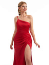 One Shoulder Mermaid Silky Satin Sexy Side Split Long Bridesmaid Dresses For Wedding