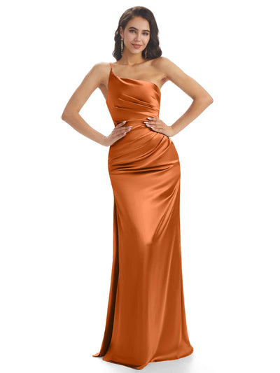Sexy Soft Satin One Shoulder Side Slit Mermaid Long Bridesmaid Dresses