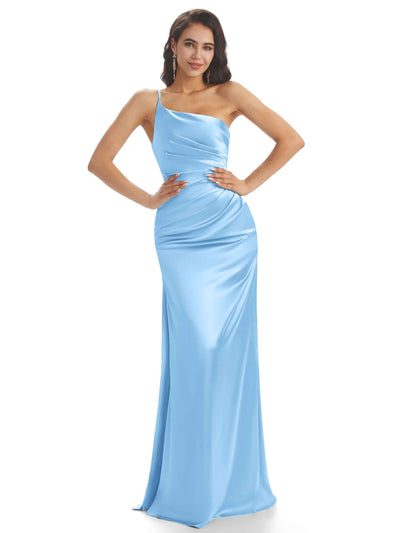 Sexy Soft Satin One Shoulder Side Slit Mermaid Long Bridesmaid Dresses