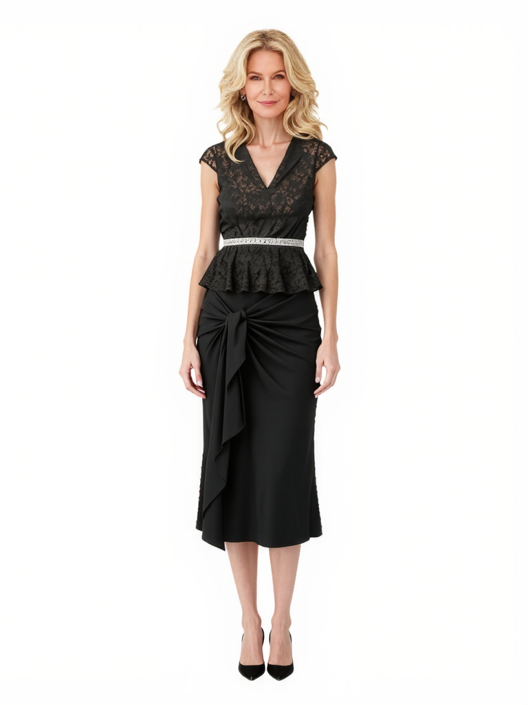 Elegant Stretchy Crepe Lace Applique V-Neck Midi Mother Of The Bride Dresses