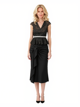 Elegant Stretchy Crepe Lace Applique V-Neck Midi Mother Of The Bride Dresses