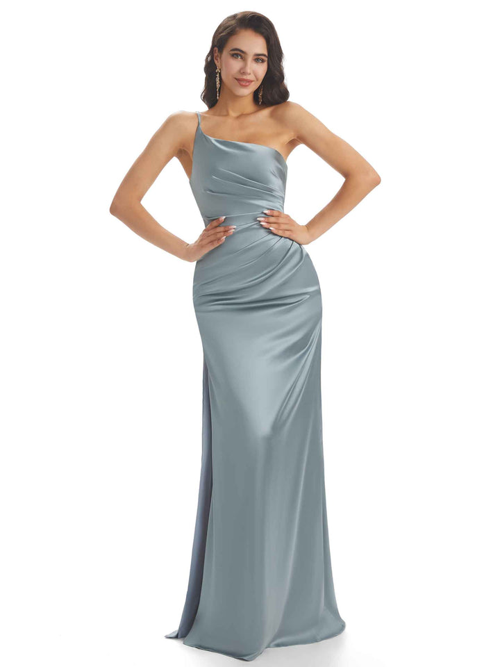 Sexy Soft Satin One Shoulder Side Slit Mermaid Long Bridesmaid Dresses