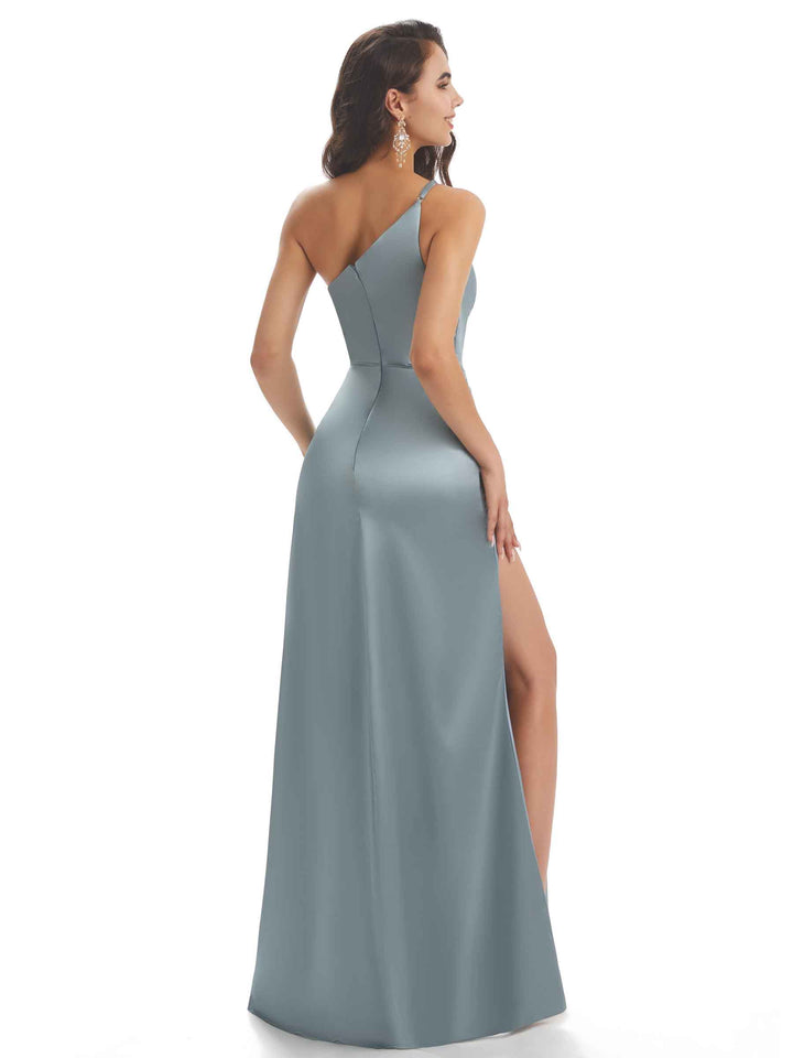 Sexy Soft Satin One Shoulder Side Slit Mermaid Long Bridesmaid Dresses