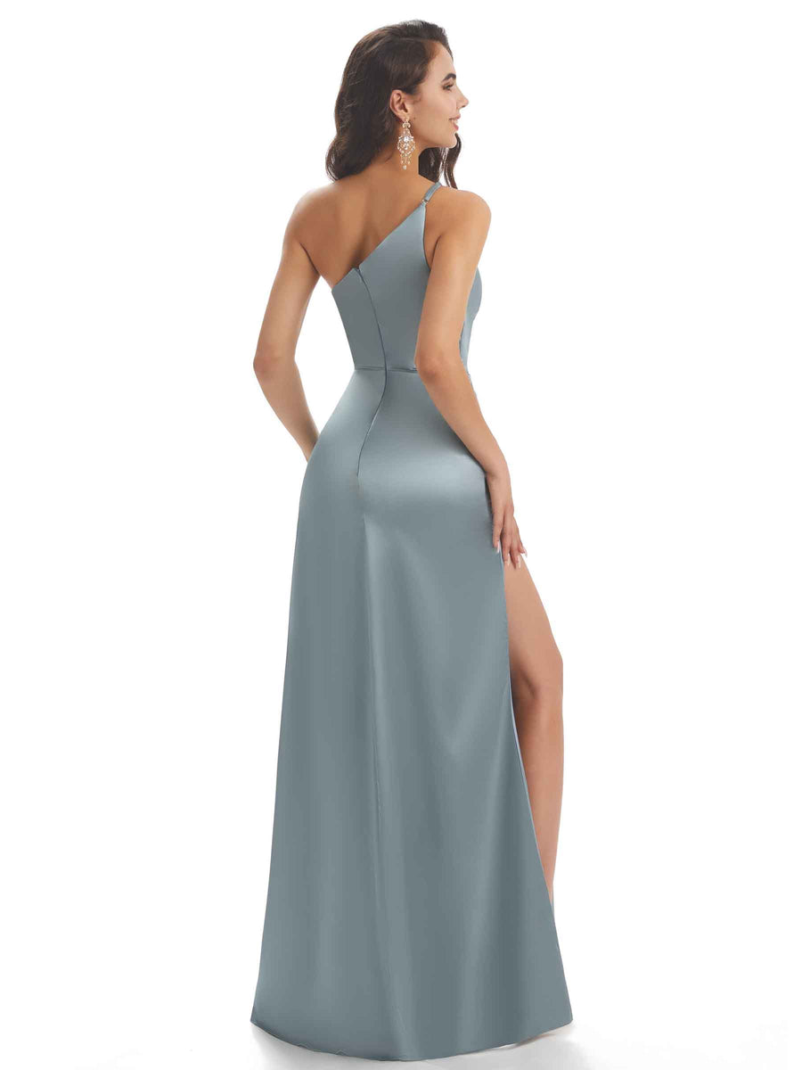 Sexy Soft Satin One Shoulder Side Slit Mermaid Long Bridesmaid Dresses