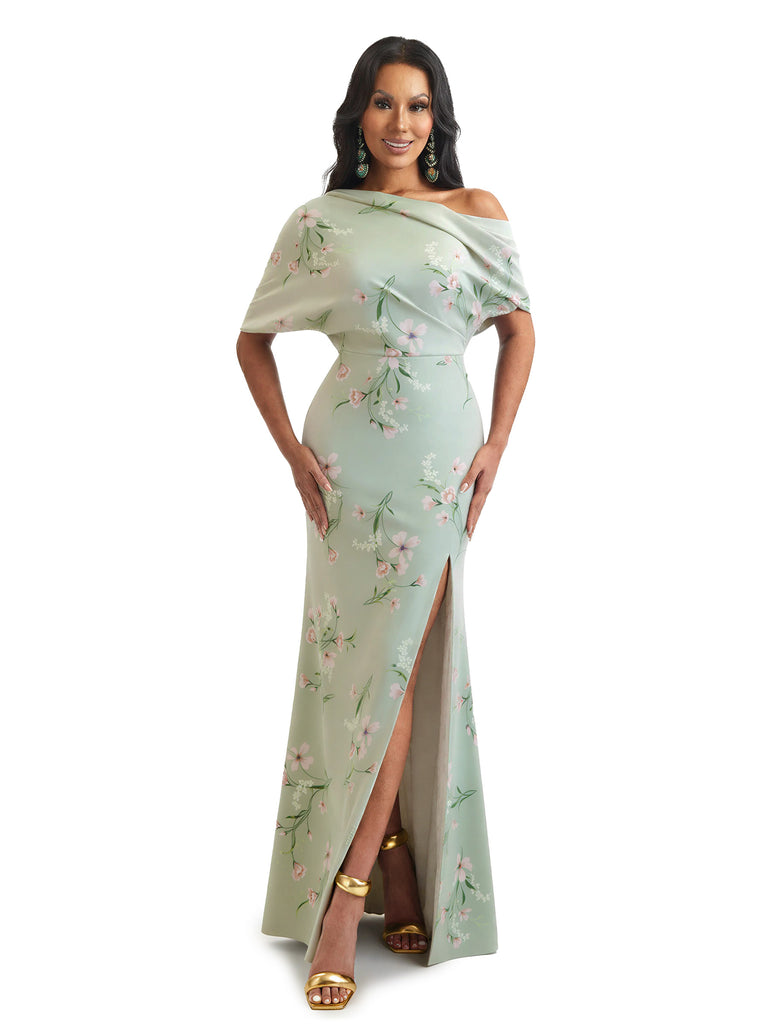 Elegant Half Sleeves Side Slit Mermaid Floral Satin Maxi Floral Formal Dresses For Women