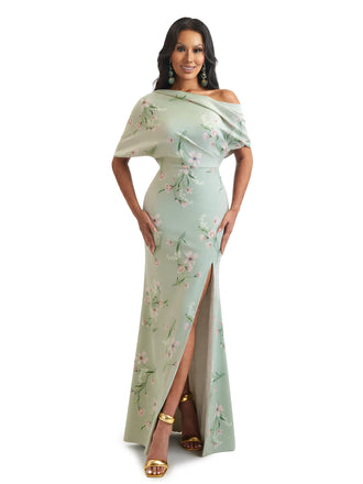 Elegant Half Sleeves Side Slit Mermaid Floral Satin Maxi Floral Formal Dresses For Women