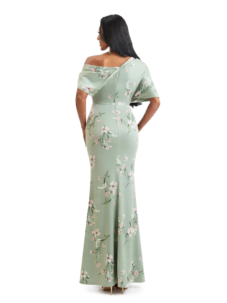Elegant Half Sleeves Side Slit Mermaid Floral Satin Maxi Floral Formal Dresses For Women