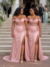 ChicSew Unique Off The Shoulder Boning Side Slit Mermaid Soft Satin Long Bridesmaid Dresses