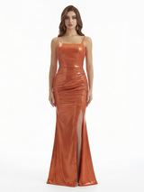 Elegant Spaghetti Straps Mermaid Metallic Shiny Fabric Long Formal Dresses Side Slit