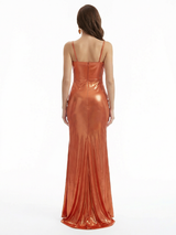 Elegant Spaghetti Straps Mermaid Metallic Shiny Fabric Long Formal Dresses Side Slit