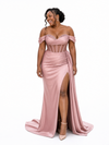 ChicSew Unique Off The Shoulder Boning Side Slit Mermaid Soft Satin Long Bridesmaid Dresses