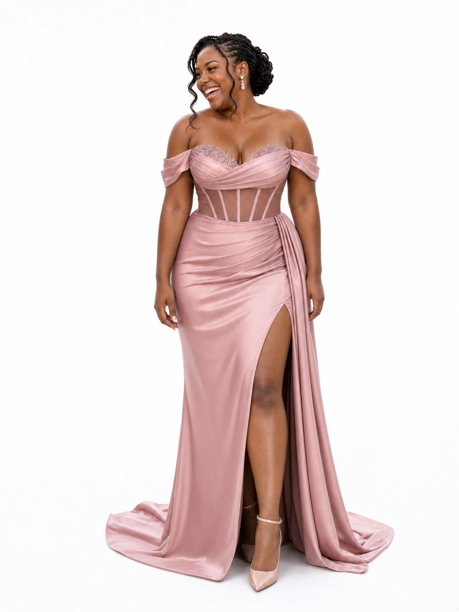 ChicSew Unique Off The Shoulder Boning Side Slit Mermaid Soft Satin Long Bridesmaid Dresses