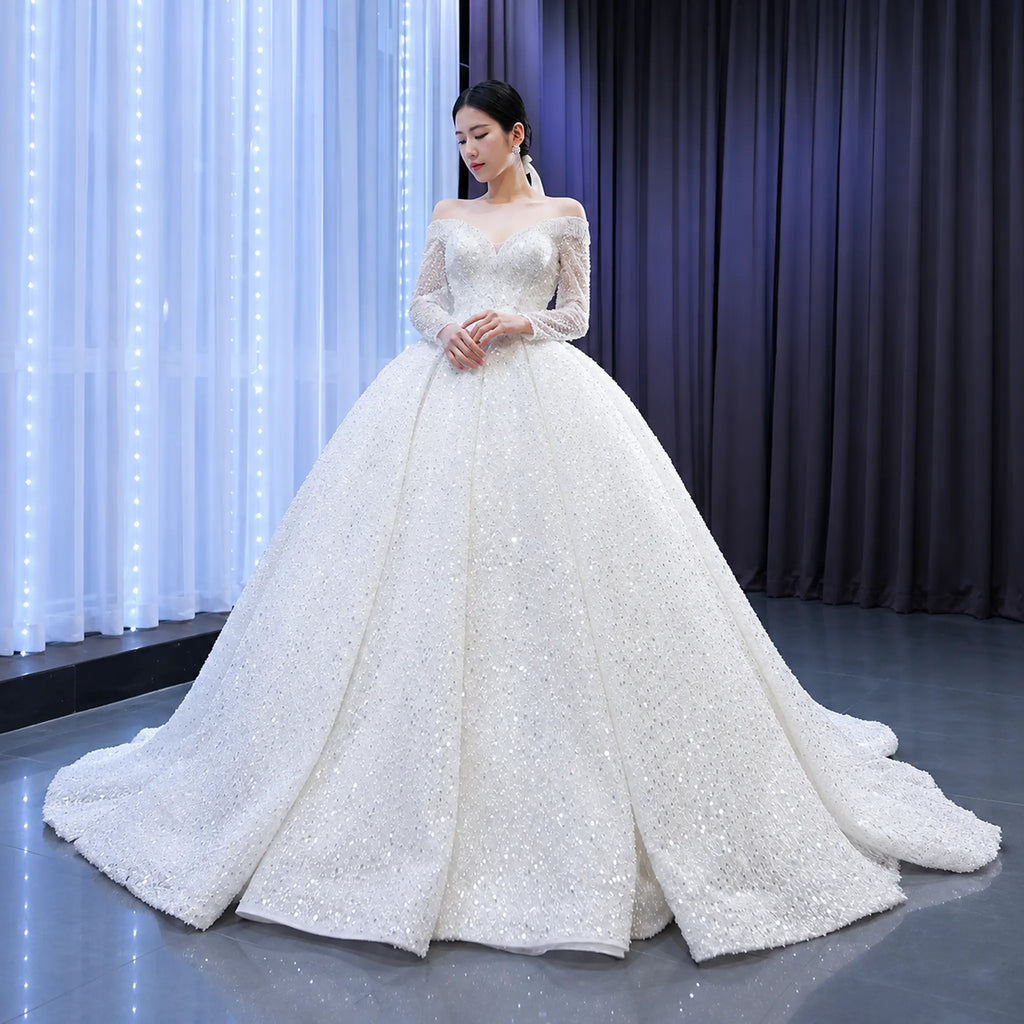 ChicSew Luxurious Off Shoulder Beaded Ball Gown Wedding Dress With Sequin